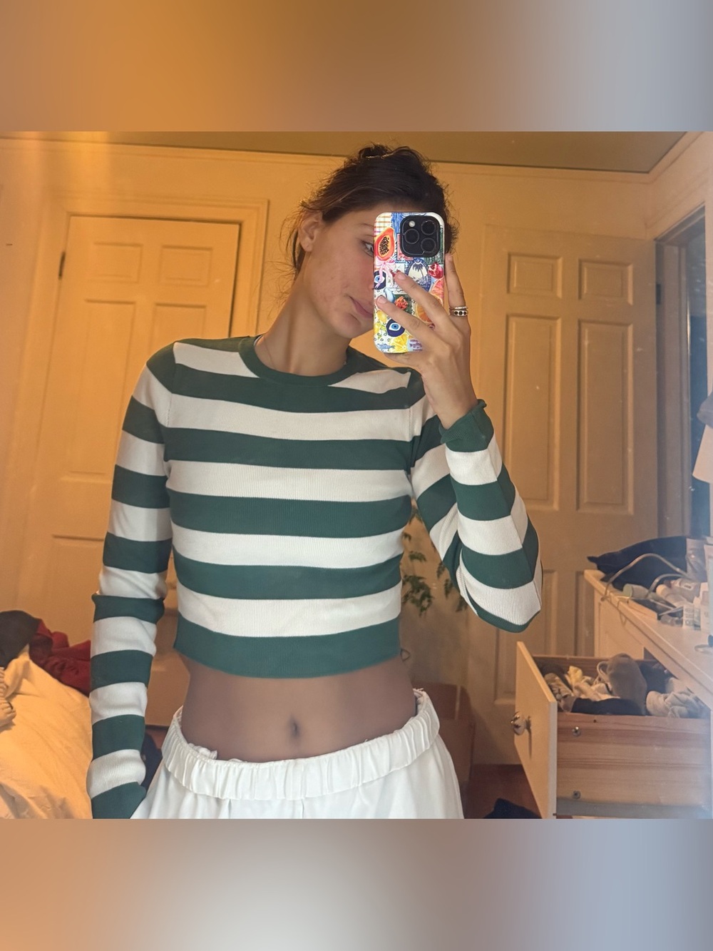 Zara Striped Green and White Cropped Long-Sleeve Top